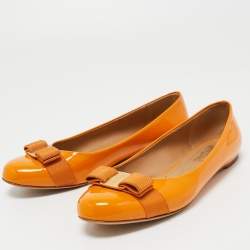 Pre Owned Salvatore Ferragamo Yellow Patent Leather Vara Bow Ballet Flats Size 40