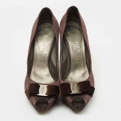 Salvatore Ferragamo Brown Satin Vara Bow Peep Toe Pumps Size 40