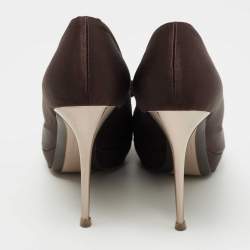Salvatore Ferragamo Brown Satin Vara Bow Peep Toe Pumps Size 40