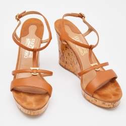 Pre Owned Salvatore Ferragamo Brown Leather Ankle Strap Platform Wedge Sandals Size 40