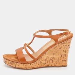 Pre Owned Salvatore Ferragamo Brown Leather Ankle Strap Platform Wedge Sandals Size 40