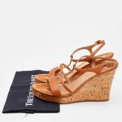 Pre Owned Salvatore Ferragamo Brown Leather Ankle Strap Platform Wedge Sandals Size 40