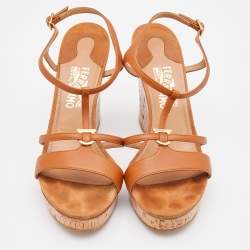 Pre Owned Salvatore Ferragamo Brown Leather Ankle Strap Platform Wedge Sandals Size 40