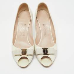 Pre Owned Salvatore Ferragamo White Leather Vara Bow Peep Toe Pumps Size 40