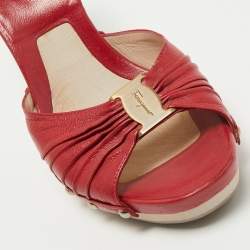 Pre Owned Salvatore Ferragamo Red Pleated Leather Open Toe Wedge Sandals Size 39.5