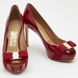 Pre Owned Salvatore Ferragamo Red Patent Leather Vara Bow Peep Toe Platform Pumps Size 37