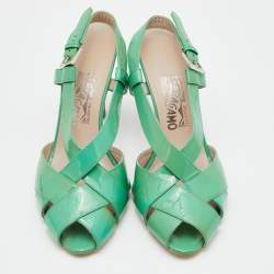 Pre Owned Salvatore Ferragamo Green Patent Leather Criss Cross Slingback Sandals Size 39