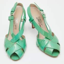 Pre Owned Salvatore Ferragamo Green Patent Leather Criss Cross Slingback Sandals Size 39