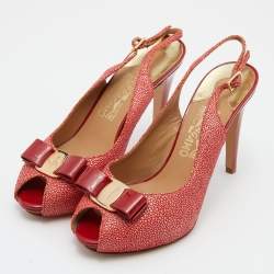 Pre Owned Salvatore Ferragamo Orange Suede Bow Peep Toe Slingback Sandals Size 39