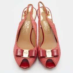 Pre Owned Salvatore Ferragamo Orange Suede Bow Peep Toe Slingback Sandals Size 39