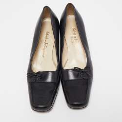 مملوكة مسبقًا Salvatore Ferragamo Black  Leather Bow Block Heel Pumps Size 37.5