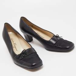 مملوكة مسبقًا Salvatore Ferragamo Black  Leather Bow Block Heel Pumps Size 37.5