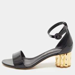 Salvatore Ferragamo Black Patent Leather Azalea Ankle Strap Block Sandals Size 37