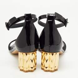 Salvatore Ferragamo Black Patent Leather Azalea Ankle Strap Block Sandals Size 37