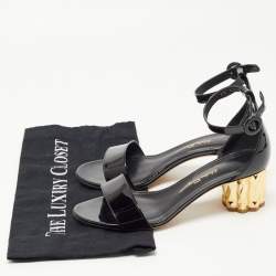 Salvatore Ferragamo Black Patent Leather Azalea Ankle Strap Block Sandals Size 37