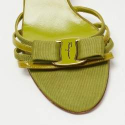 Pre Owned Salvatore Ferragamo Green Patent Leather and Canvas Vara Bow Strappy Slide Sandals Size 40.5