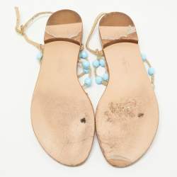 Pre Owned Salvatore Ferragamo Beige/Blue Jute Beads and Crystal Embellished Flat Sandals Size 40