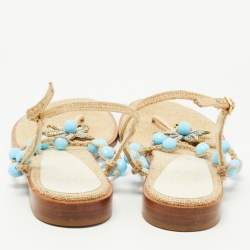 Pre Owned Salvatore Ferragamo Beige/Blue Jute Beads and Crystal Embellished Flat Sandals Size 40
