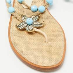 Pre Owned Salvatore Ferragamo Beige/Blue Jute Beads and Crystal Embellished Flat Sandals Size 40