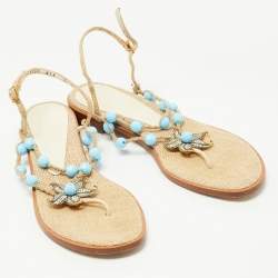 Pre Owned Salvatore Ferragamo Beige/Blue Jute Beads and Crystal Embellished Flat Sandals Size 40