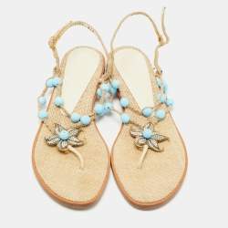 Pre Owned Salvatore Ferragamo Beige/Blue Jute Beads and Crystal Embellished Flat Sandals Size 40