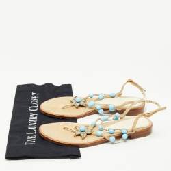 Pre Owned Salvatore Ferragamo Beige/Blue Jute Beads and Crystal Embellished Flat Sandals Size 40