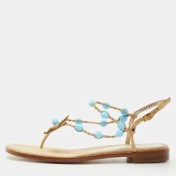 Pre Owned Salvatore Ferragamo Beige/Blue Jute Beads and Crystal Embellished Flat Sandals Size 40