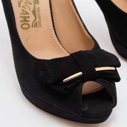 Pre Owned Salvatore Ferragamo Black Suede Rosella Bow Peep Toe Platform Pumps Size 37