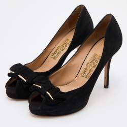 Pre Owned Salvatore Ferragamo Black Suede Rosella Bow Peep Toe Platform Pumps Size 37