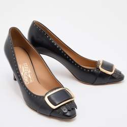 Pre Owned Salvatore Ferragamo Black Leather Fringe Detail Pumps Size 38.5