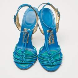 Pre Owned Salvatore Ferragamo Blue Leather Ankle Strap Sandals Size 38.5