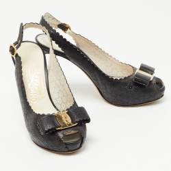 Pre Owned Salvatore Ferragamo Black Leather Vara Bow Slingback Pumps Size 36.5