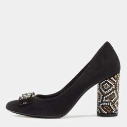 مملوكة مسبقًا Salvatore Ferragamo Black Suede Vara Bow Eva Mosaic Pumps Size 37