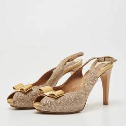 مملوكة مسبقًا Salvatore Ferragamo Multicolor Texture Suede and Patent Peep Toe Bow Pumps Size 36.5