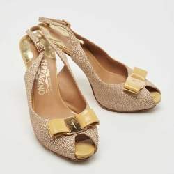 مملوكة مسبقًا Salvatore Ferragamo Multicolor Texture Suede and Patent Peep Toe Bow Pumps Size 36.5