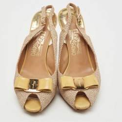 مملوكة مسبقًا Salvatore Ferragamo Multicolor Texture Suede and Patent Peep Toe Bow Pumps Size 36.5