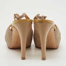 مملوكة مسبقًا Salvatore Ferragamo Multicolor Texture Suede and Patent Peep Toe Bow Pumps Size 36.5