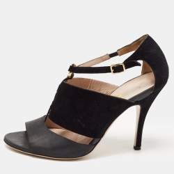 Pre Owned Salvatore Ferragamo Black Leather and Suede T Strap Platform Sandals Size 39.5