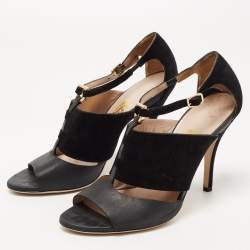 Pre Owned Salvatore Ferragamo Black Leather and Suede T Strap Platform Sandals Size 39.5