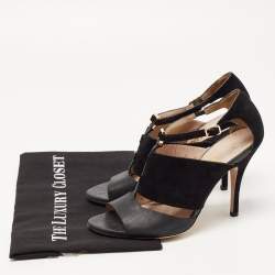 Pre Owned Salvatore Ferragamo Black Leather and Suede T Strap Platform Sandals Size 39.5