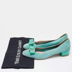 Salvatore Ferragamo Blue Suede and Patent Bow Varina Ballet Flats Size 37.5