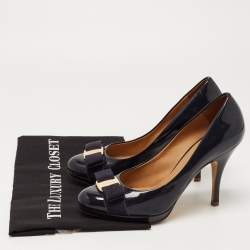 Pre Owned Salvatore Ferragamo Navy Blue Patent Leather Vara Bow Pumps Size 37