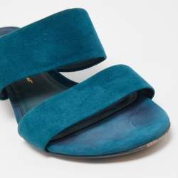 Pre Owned Salvatore Ferragamo Teal Suede Belluno Slide Sandals Size 37.5