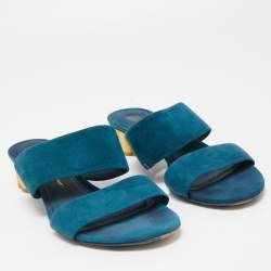 Pre Owned Salvatore Ferragamo Teal Suede Belluno Slide Sandals Size 37.5