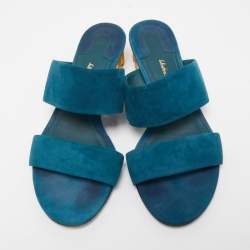 Pre Owned Salvatore Ferragamo Teal Suede Belluno Slide Sandals Size 37.5