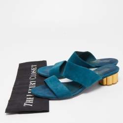 Pre Owned Salvatore Ferragamo Teal Suede Belluno Slide Sandals Size 37.5