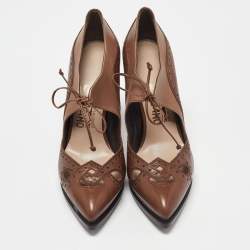 Pre Owned Salvatore Ferragamo Brown Brogue Leather Cut Out Lace Pumps Size 37.5