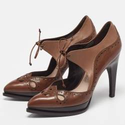 Pre Owned Salvatore Ferragamo Brown Brogue Leather Cut Out Lace Pumps Size 37.5