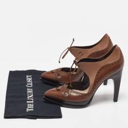 Pre Owned Salvatore Ferragamo Brown Brogue Leather Cut Out Lace Pumps Size 37.5