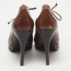 Pre Owned Salvatore Ferragamo Brown Brogue Leather Cut Out Lace Pumps Size 37.5